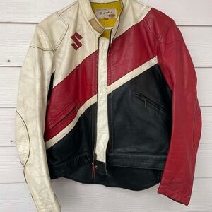 VTG Bates Suzuki Custom Leather Motorcycle Jacket Size 44 Men’s Red Black Coat